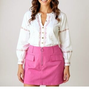 Know One Cares Pink Mini Skirt Full Zip  Cotton Boho Festival‎ Casual Y2K Medium